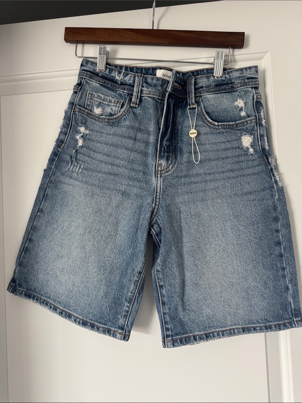 bohme Light Blue Distressed High-Rise Denim Bermudas